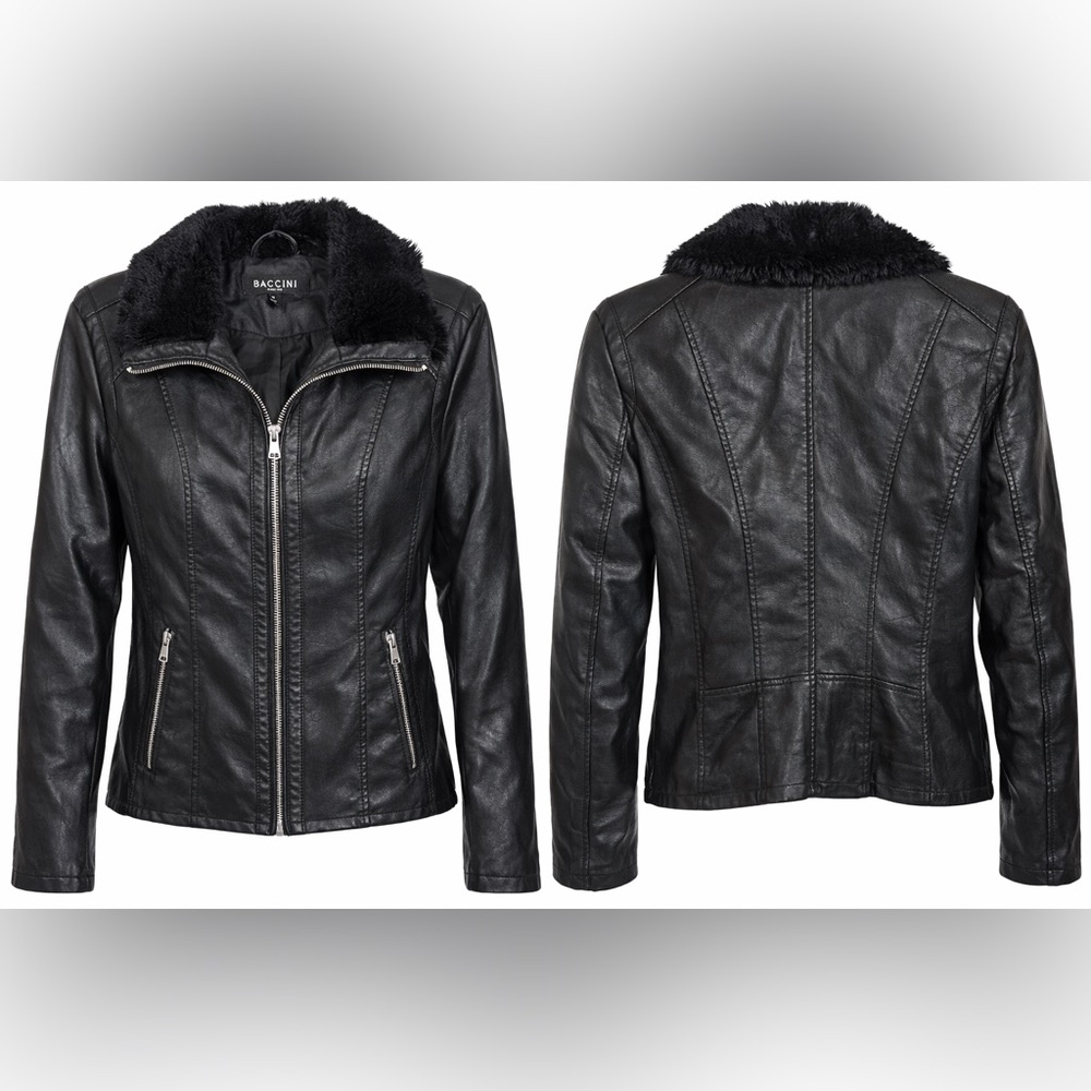 Baccini Black Faux Leather Jacket with Faux Fur Collar